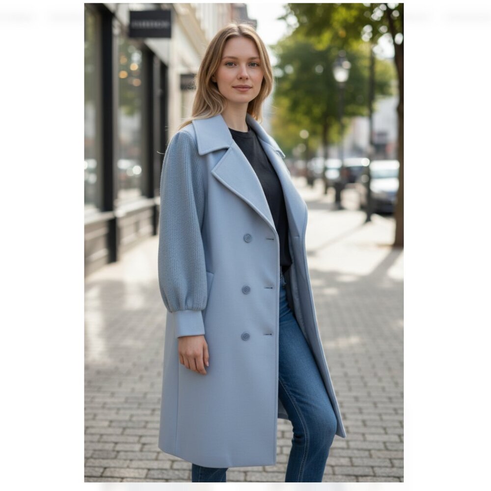 NWT Ellen Tracy Mixed Media Double Face Coat with Knit Sleeves Dusty Blue XL